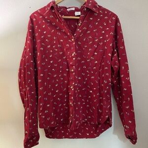 Vintage Red Floral Button Up Shirt Large Prairie Boho‎ Cottage Heritage Cozy